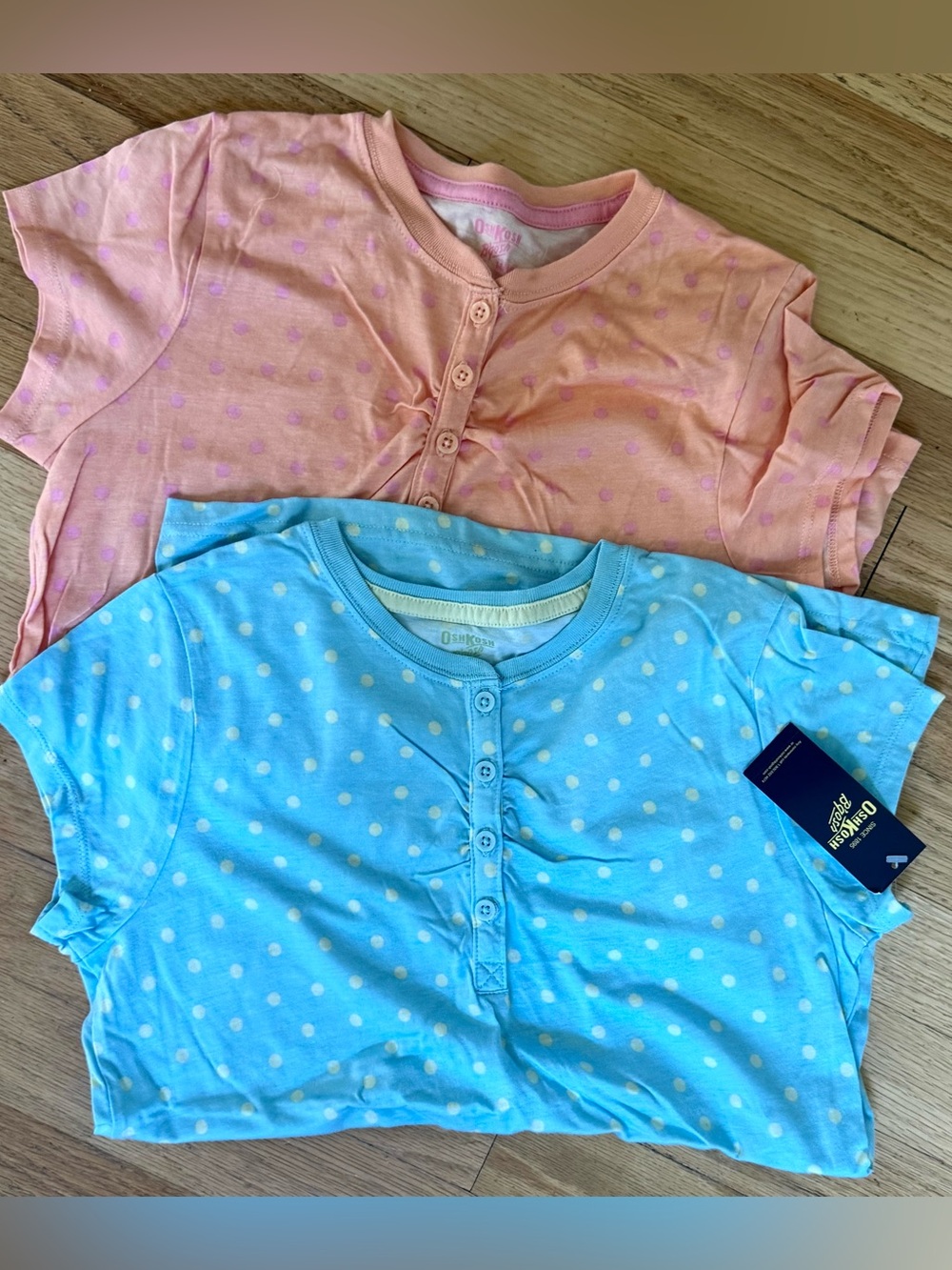 Girls 14/16 Osh Kosh B’gosh pastel New Polka Dot Button t shirt SL- Pink & Blue